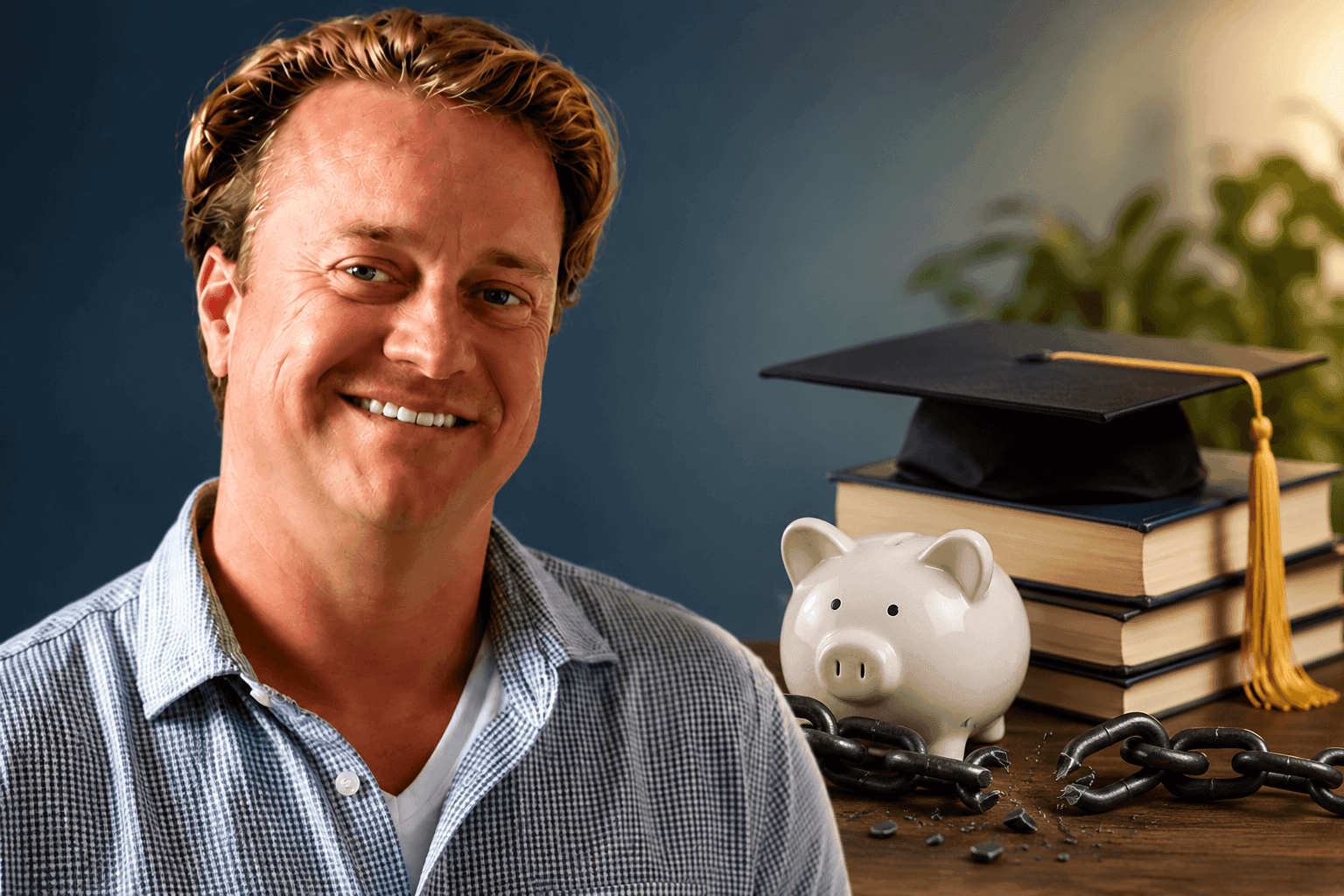 Trusted Company Reviews personal finance expert Brett Holzhauer alongside symbols of student loan debt and financial freedom, illustrating his journey from approximately $72,000 in student loans toward investing, Coast FIRE, and financial independence.
