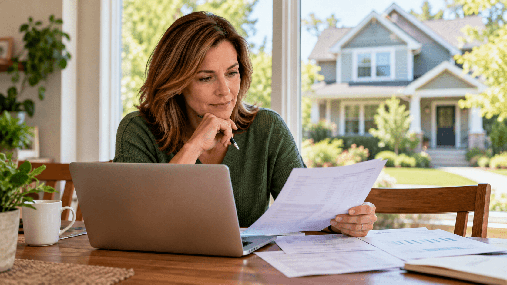 homeowner reviews insurance documents and compares quotes on her laptop while sitting at a table overlooking a suburban home. The image illustrates the insurance-shopping process discussed in our Goosehead Insurance review, including comparing homeowners insurance policies, evaluating coverage options, and finding competitive rates through an independent insurance agency.