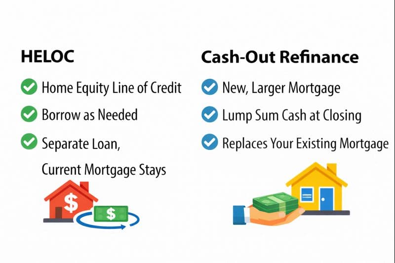 HELOC vs cash-out refinance comparison showing how each option provides access to home equity without referencing interest rates.