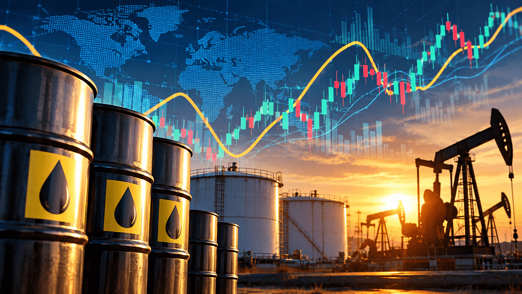 Featured image illustrating oil stocks in 2026 through a combination of oil barrels, petroleum storage facilities, pumpjacks, and financial market charts. The image represents the relationship between global oil production, energy prices, and stock market performance.