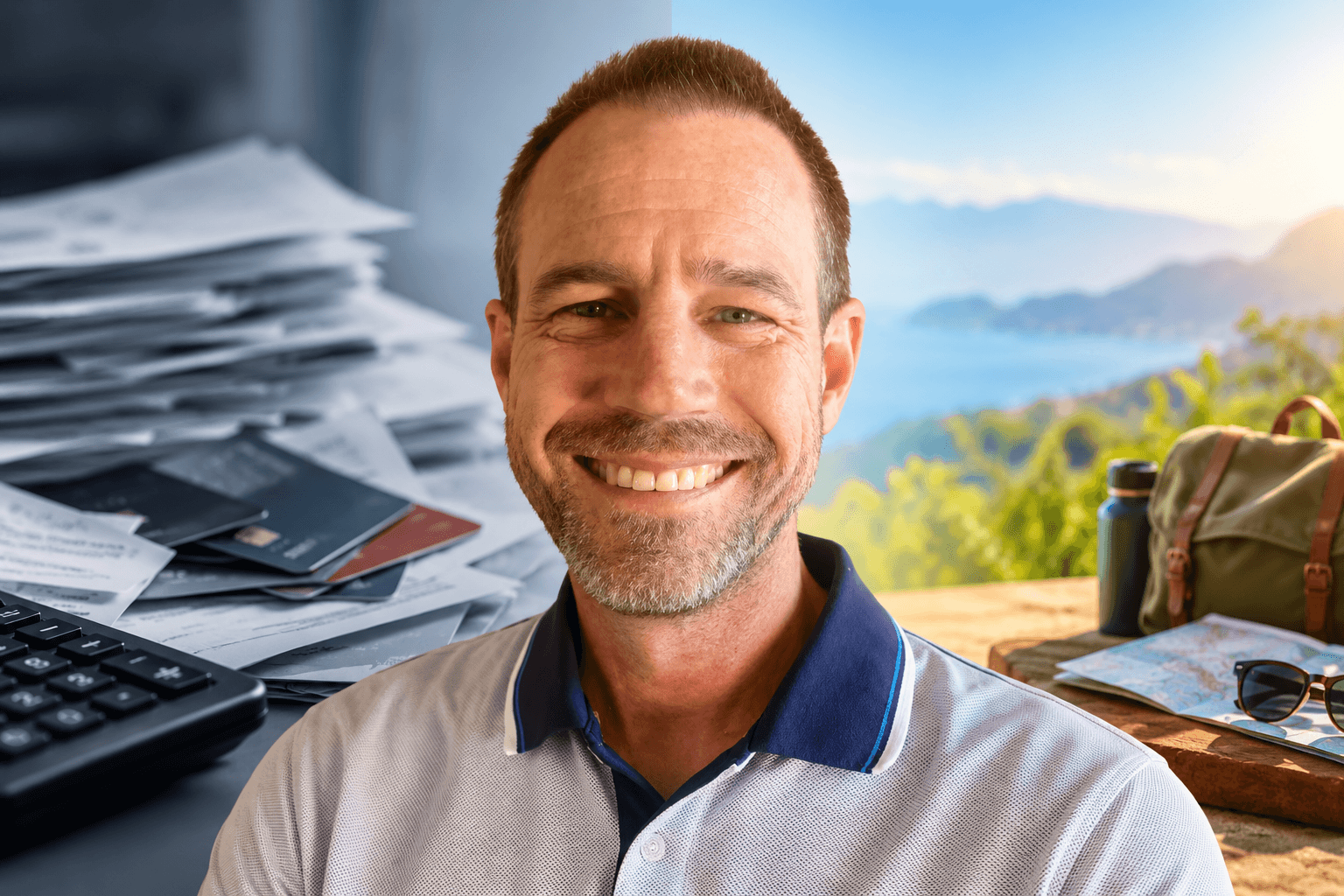 Featured image for a personal story about how to get out of debt, showing Deane Biermeier between symbols of credit card debt and the financial freedom that came after paying it off.