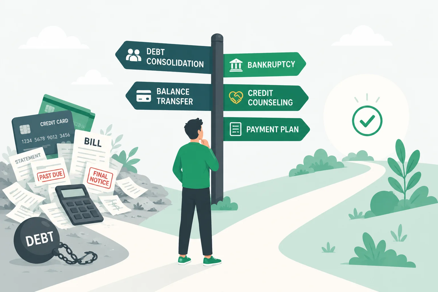 Person standing at a financial crossroads choosing between debt consolidation, bankruptcy, balance transfer, and credit counseling options