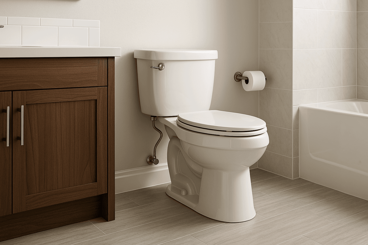 White American Standard toilet in a modern bathroom with wood vanity and tile accents
