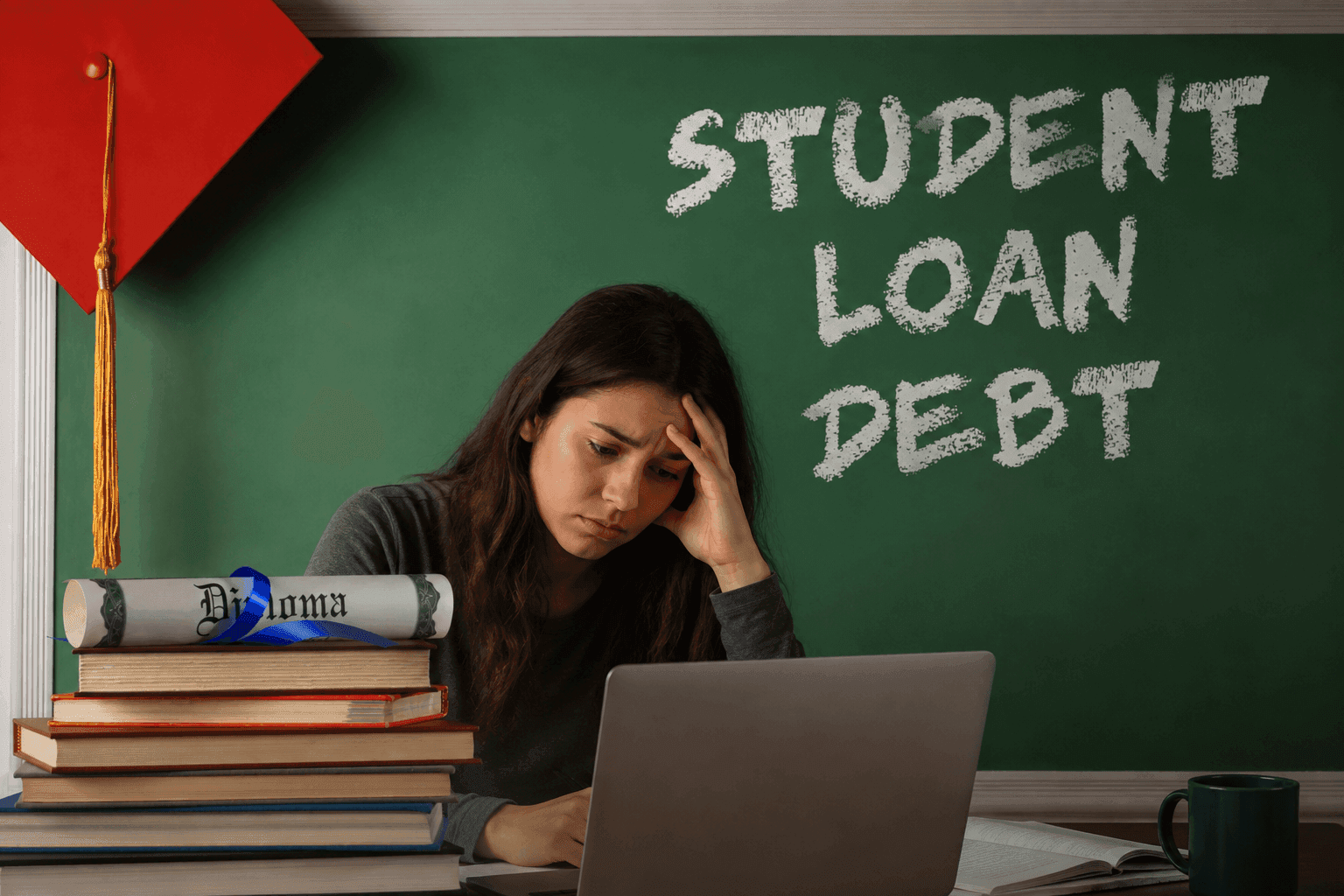 A young borrower appears concerned while reviewing finances on a laptop, with student loan debt imagery in the background, illustrating the financial strain facing borrowers who are delinquent or in default.