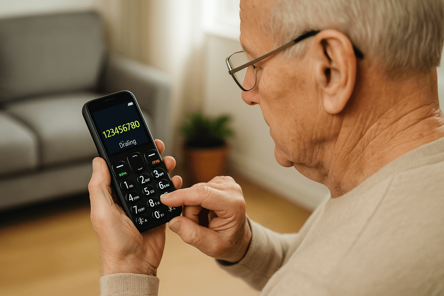 Senior individual using a cell phone with large buttons and high-contrast display