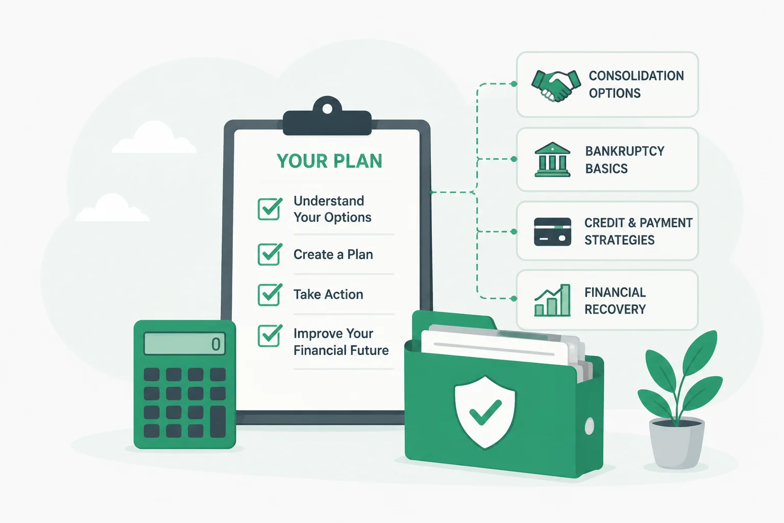 Financial planning and debt management learning center illustration with checklist, calculator, and consolidation strategy icons