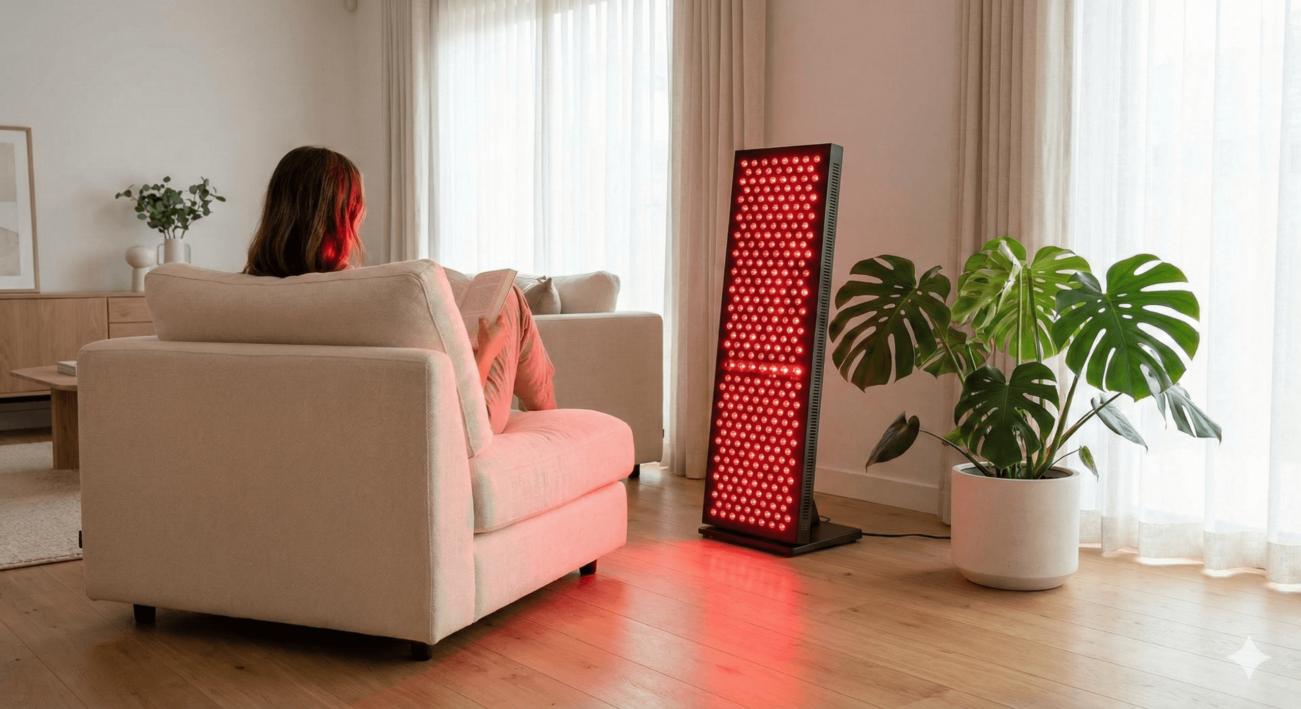 Woman relaxing at home beside the best red light therapy panel during a full-body light session.