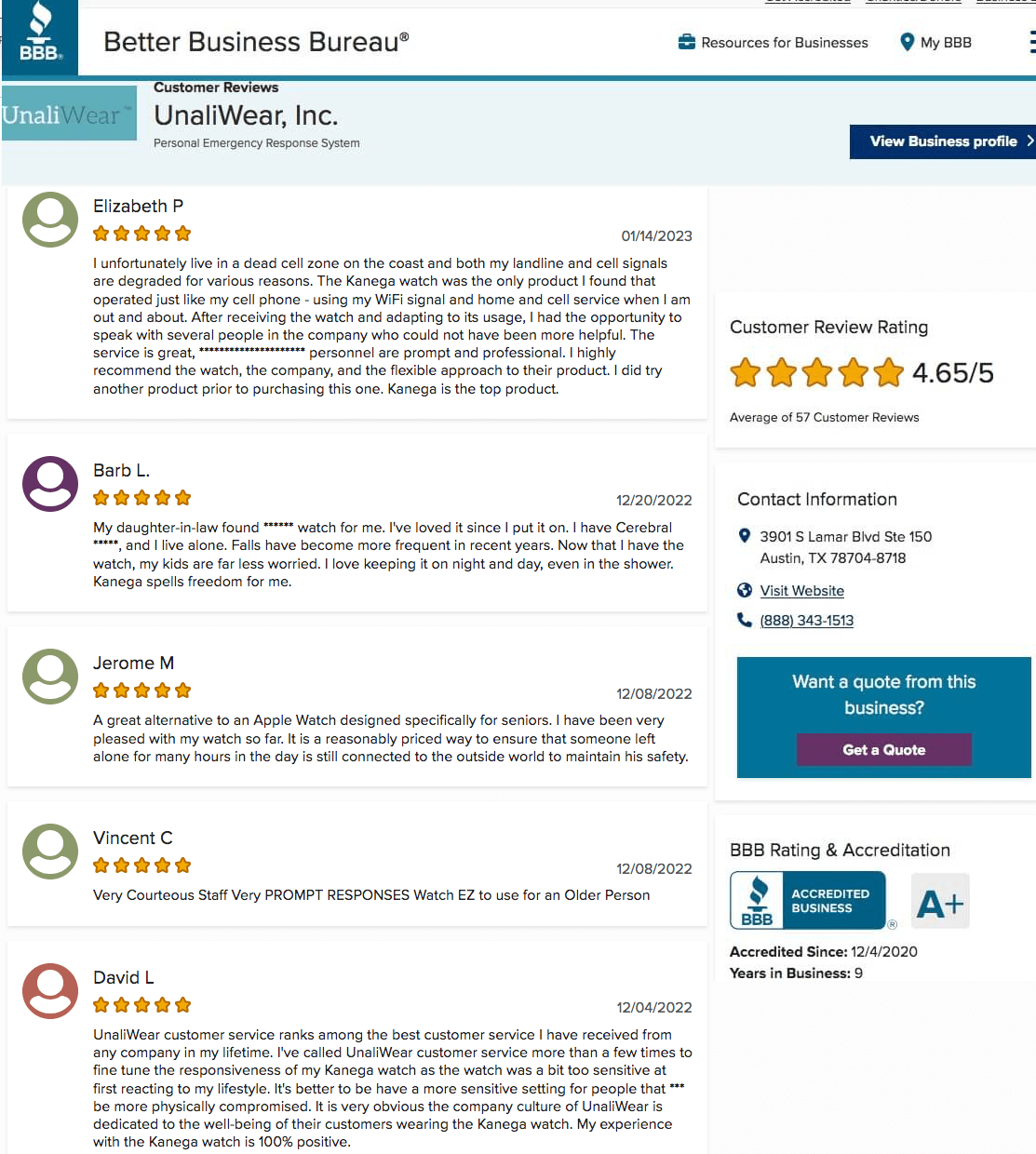 UnaliWear BBB Customer Reviews, complaints, rating and accreditation.