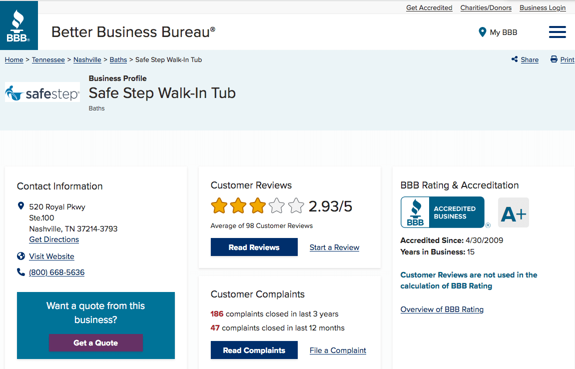 BBB Review and Complaints: Safe Step Walk In Tubs