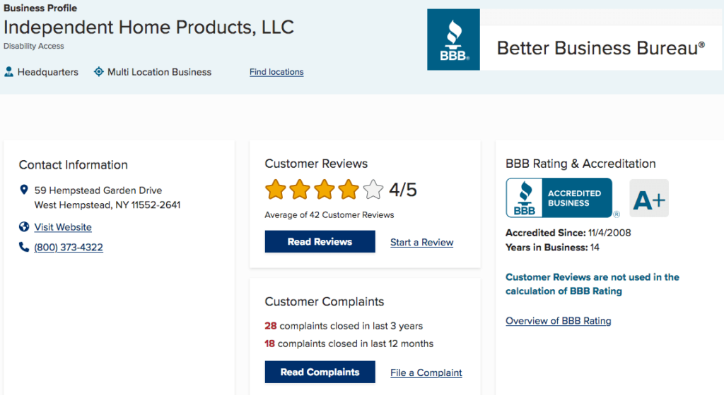 BBB review average customer rating for Independent Home walk in tubs 