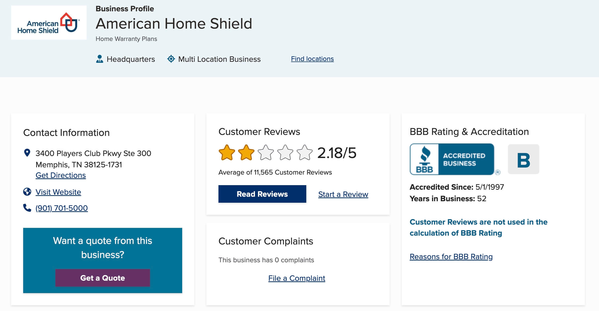 Review American Home Shield BBB Details 