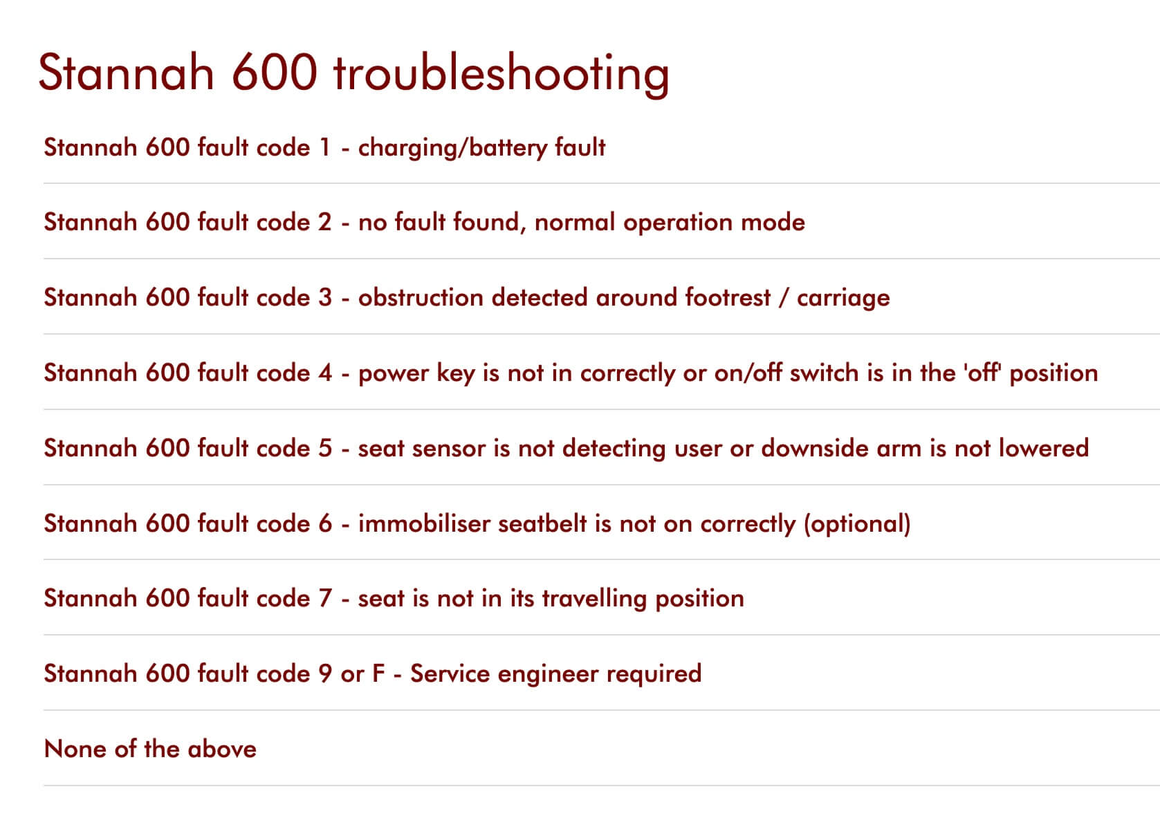 Stannah stairlift fault code chart and troubleshooting guide 