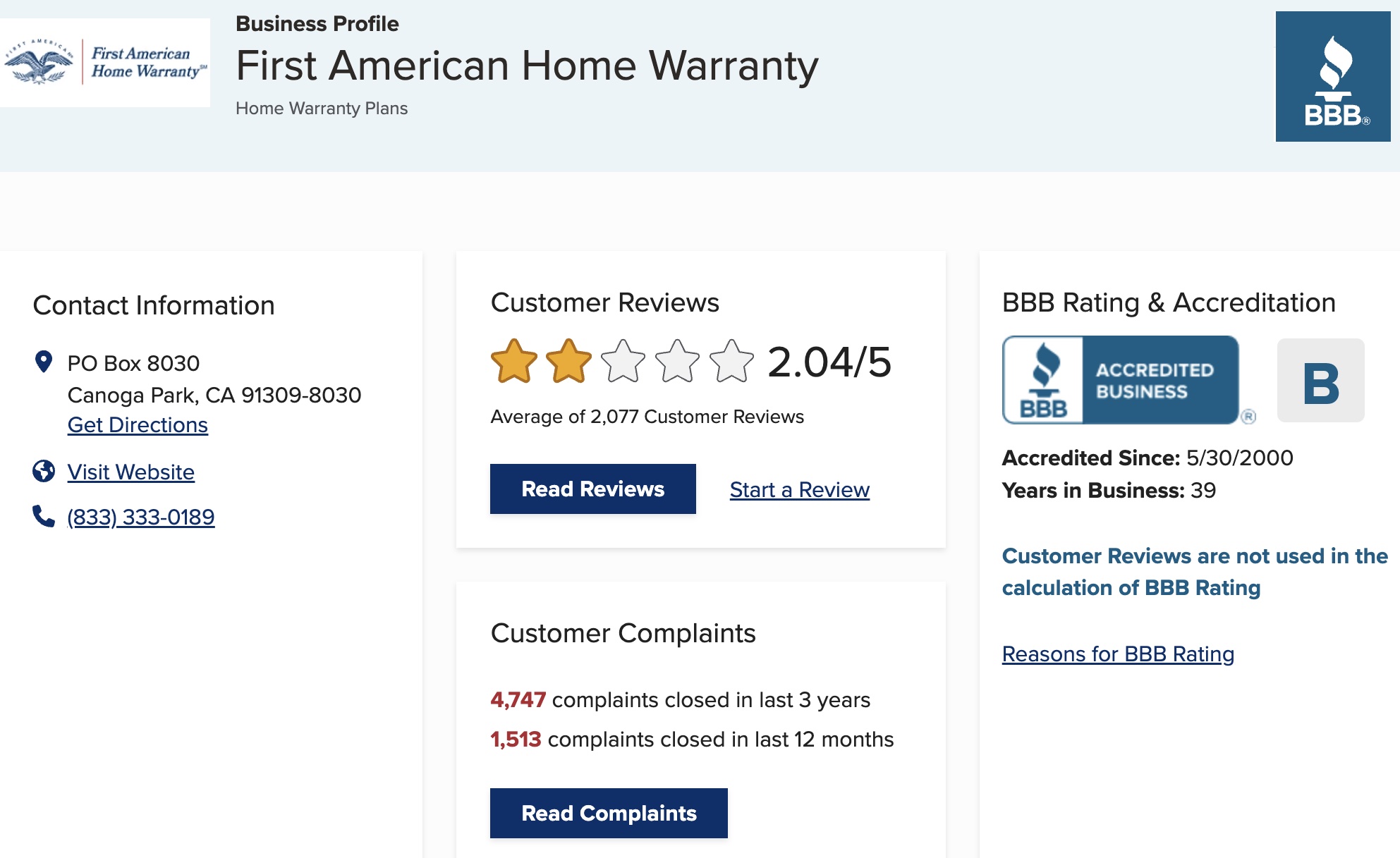 First American Home Warranty BBB Review 