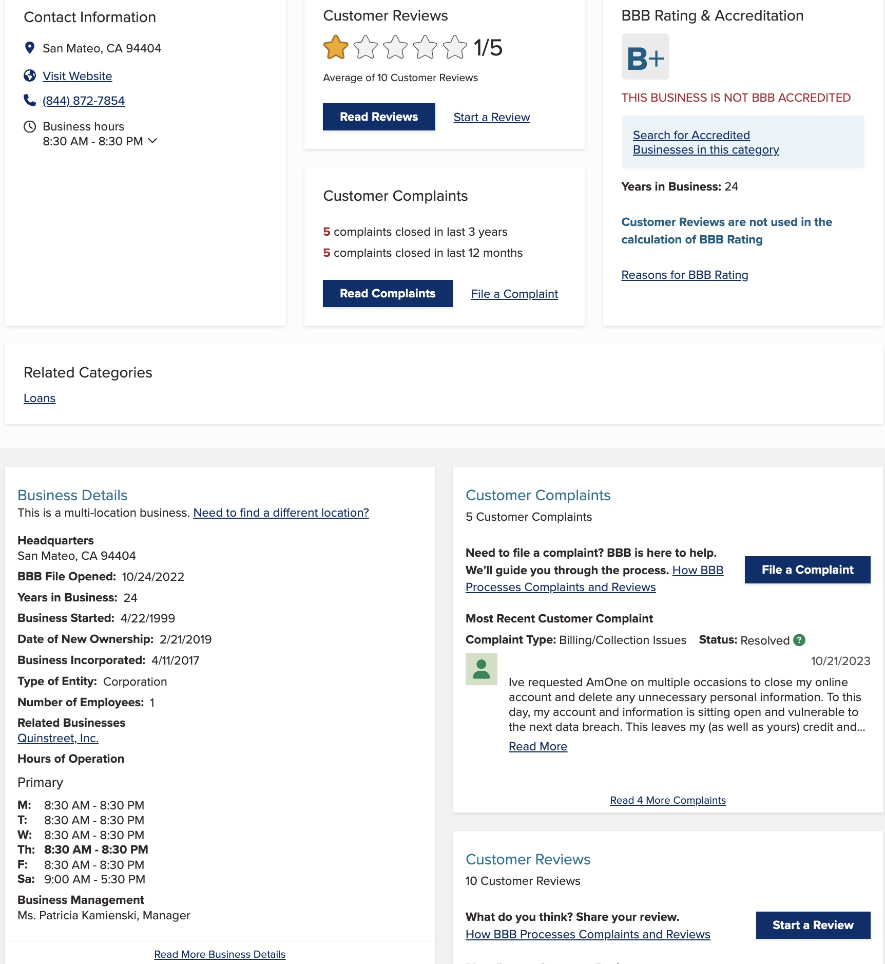 This is a screenshot of AmONE's BBB Review, Rating and Complaints. 