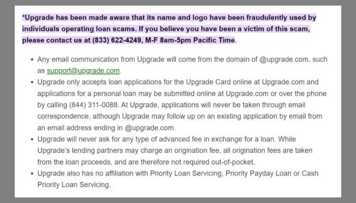 upgrade loan scam statement and information
