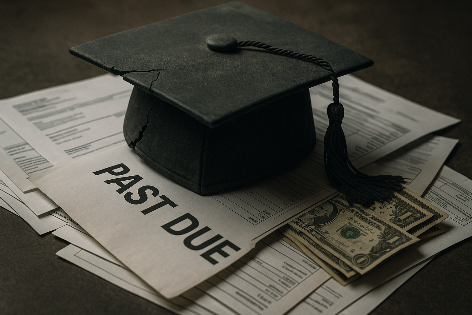 Student loan update concept image showing a cracked graduation cap on top of past due notices and money, symbolizing the burden of restarting student loan repayments.