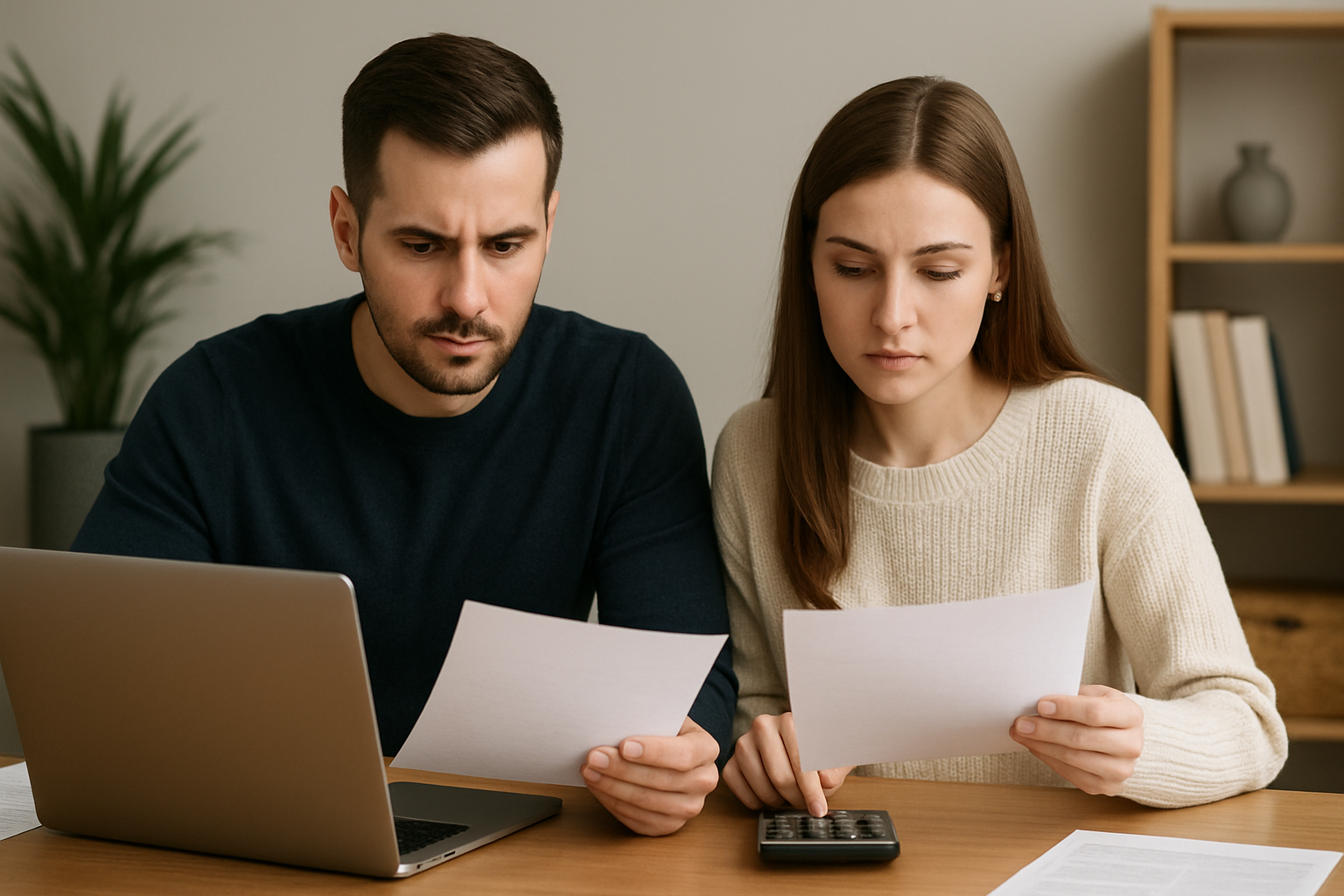 A young couple reviews student loan refinancing paperwork, representing the borrower experience featured in Edvestinu reviews.