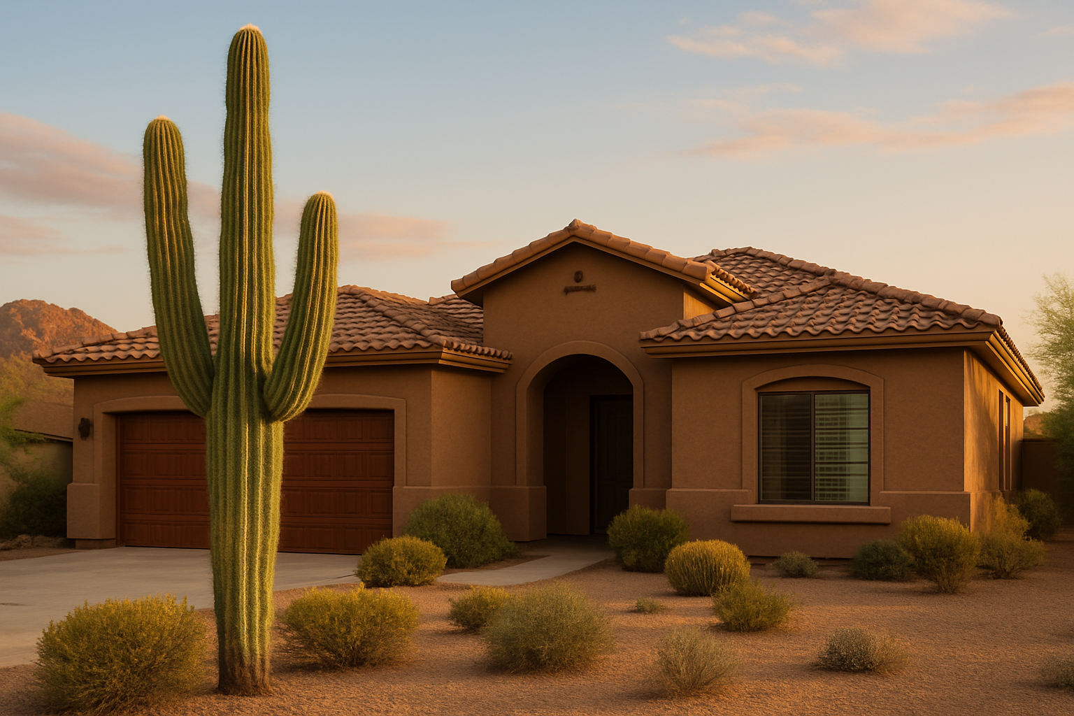 Single-story Arizona home with a terracotta tile roof and large saguaro cactus in the front yard, surrounded by desert landscape at sunset for the best home equity loans in arizona article.