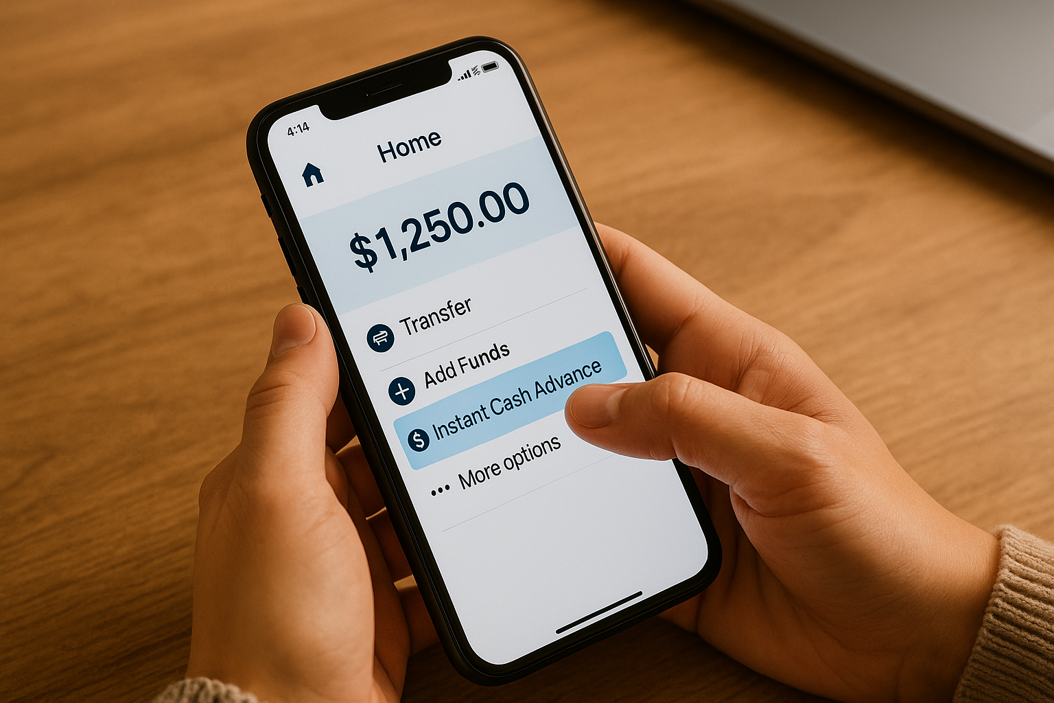 Person using a smartphone app similar to Possible Finance to explore the best cash advance loan options