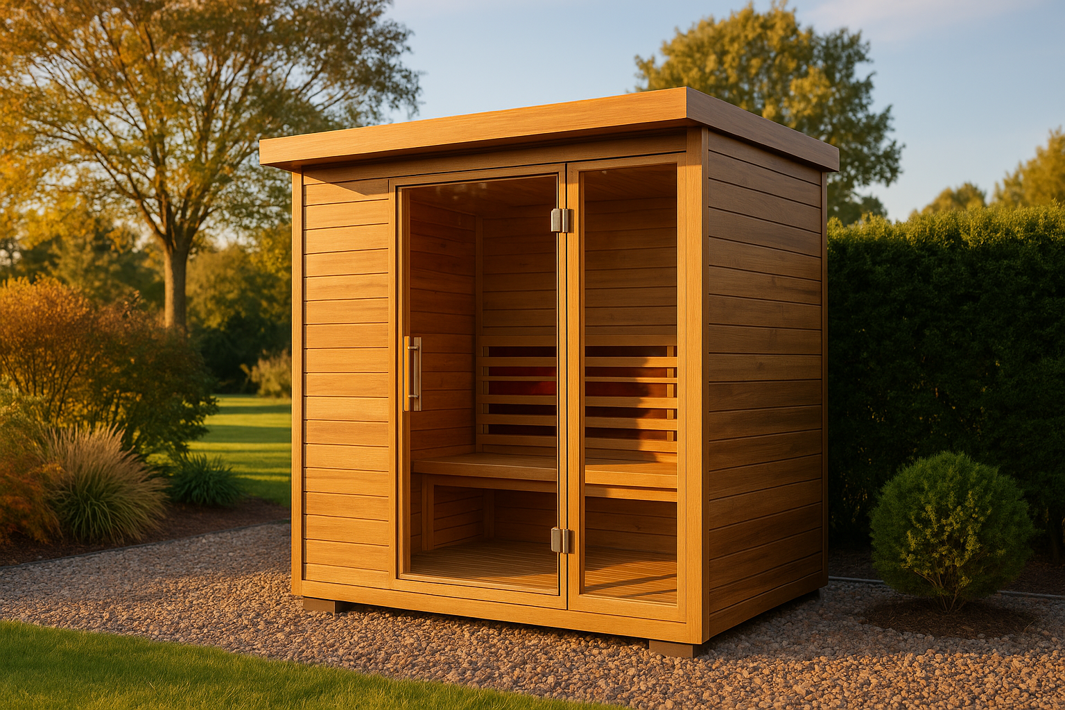 Modern outdoor infrared sauna set in a landscaped backyard with trees and shrubs