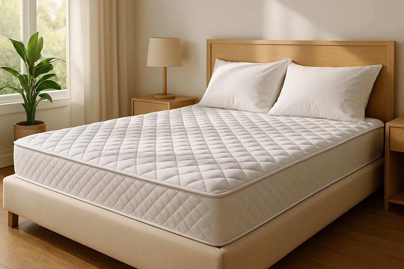 Bright bedroom with a queen-sized bed featuring a quilted cooling mattress topper