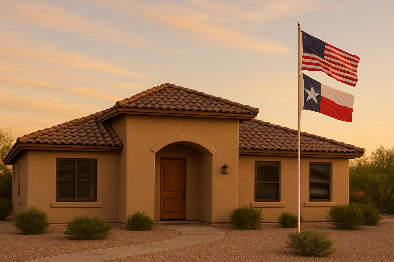 Southwestern-style Texas home with U.S. and Texas flags flying in the front yard at sunset