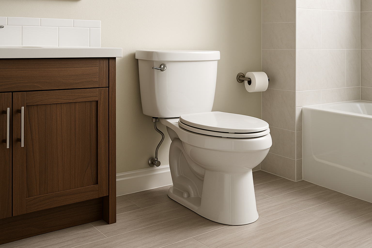White American Standard toilet in a modern bathroom with wood vanity and tile accents