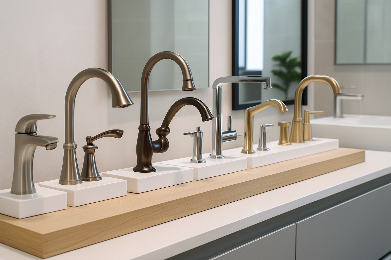 Display of various bathroom faucet brands in a showroom setting