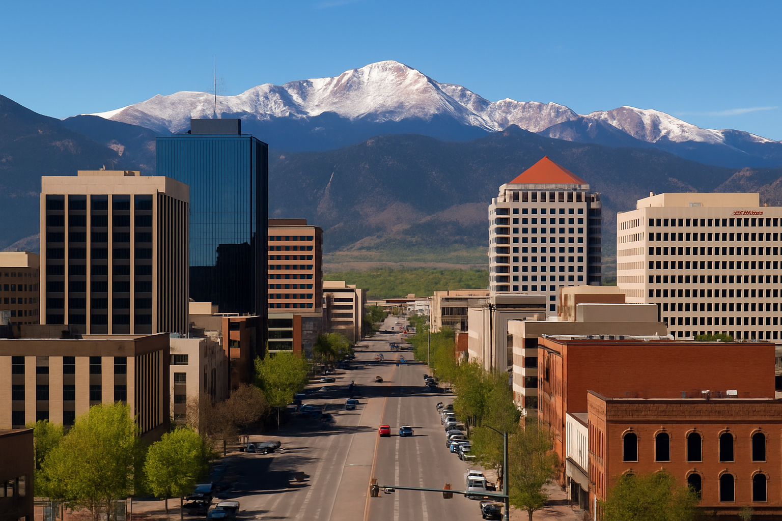 Business district of Colorado Springs with Pikes Peak in the background under a clear blue sky