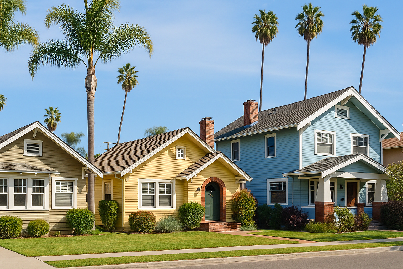 Colorful California homes with palm trees, representing ideal properties for California home equity financing
