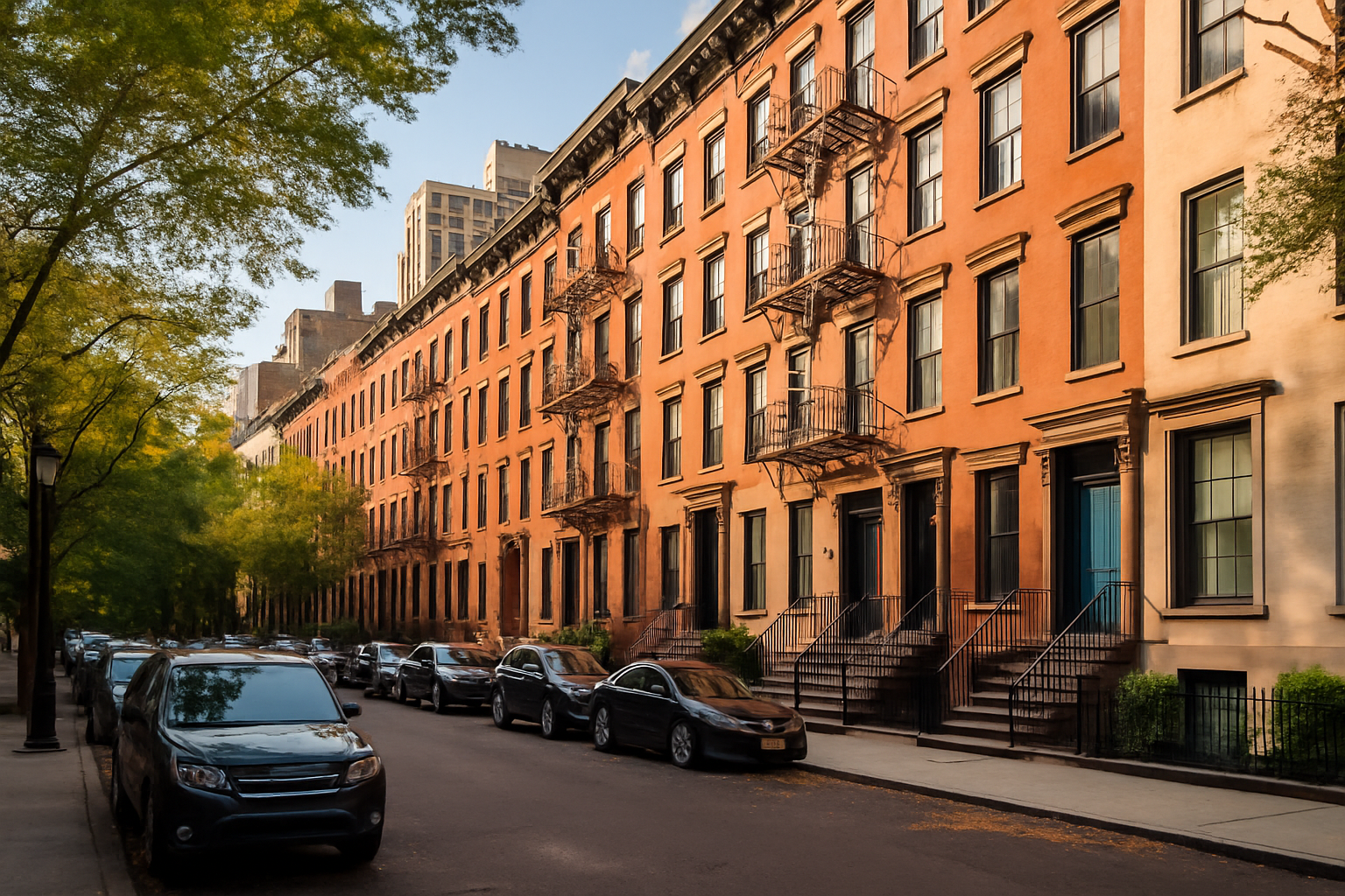 Residential New York City street lined with historic buildings, representing personal loans in New York