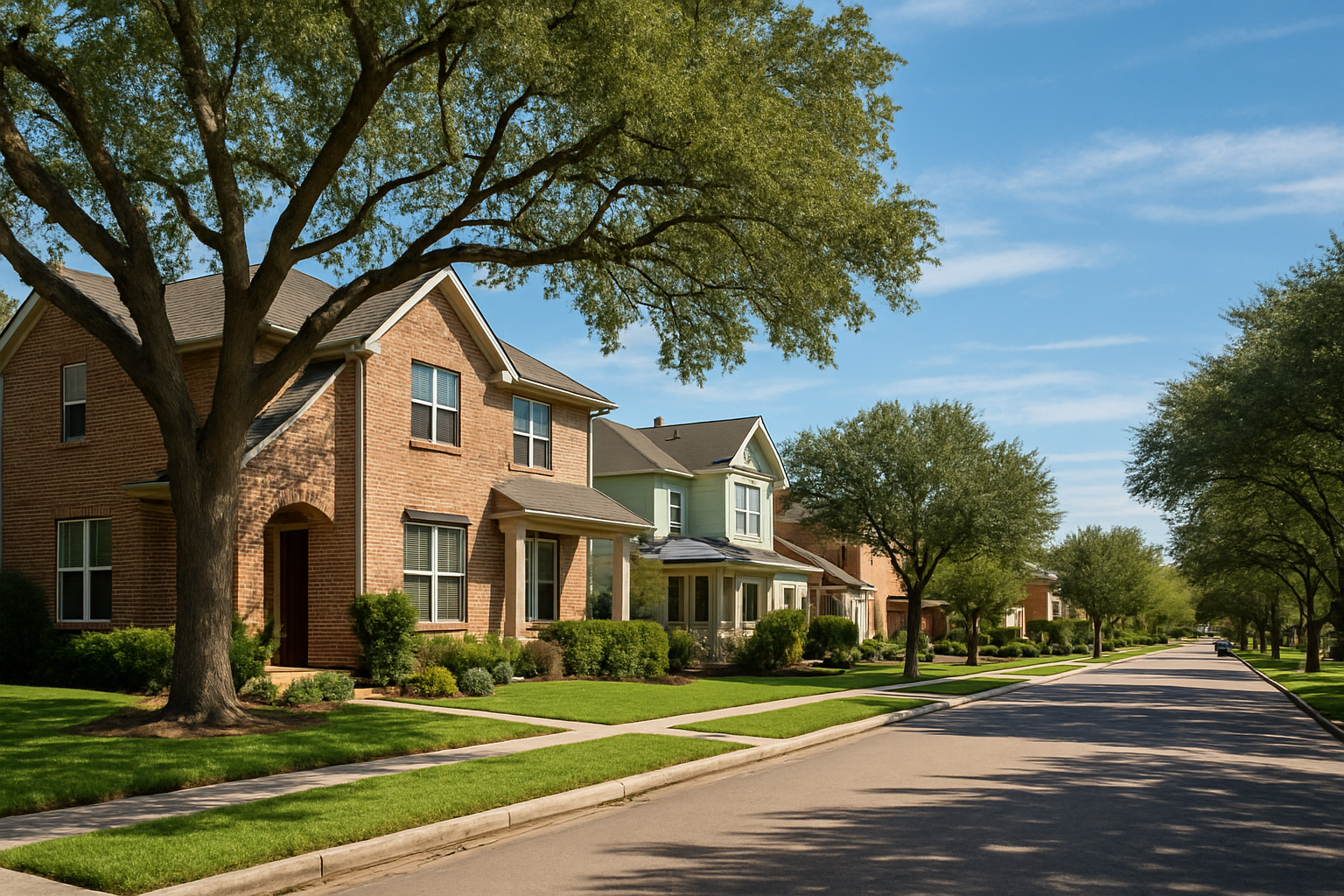 Sunlit Texas neighborhood street lined with single-family homes, representing texas personal loans