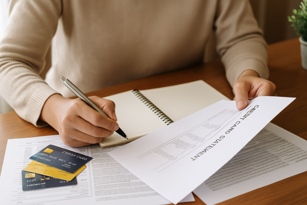 Person reviewing credit card statements and writing notes to plan best credit card debt consolidation