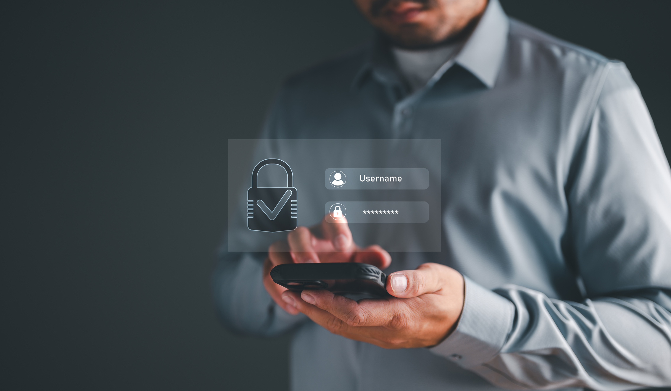 Man using smartphone with secure login and password protection overlay, representing ID Shield reviews supporting identity protection and online security.