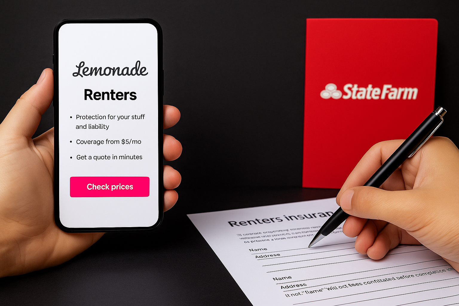 Smartphone displaying Lemonade renters insurance options beside State Farm paperwork and pen, comparing lemonade vs state farm renters insurance coverage.