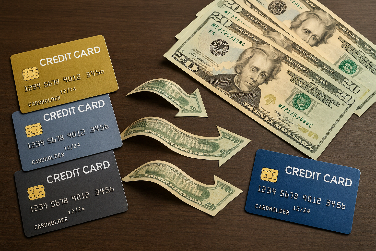 How do balance transfer credit cards work feature image - A realistic photo showing three credit cards with money flowing into a single new card, symbolizing balance transfers.