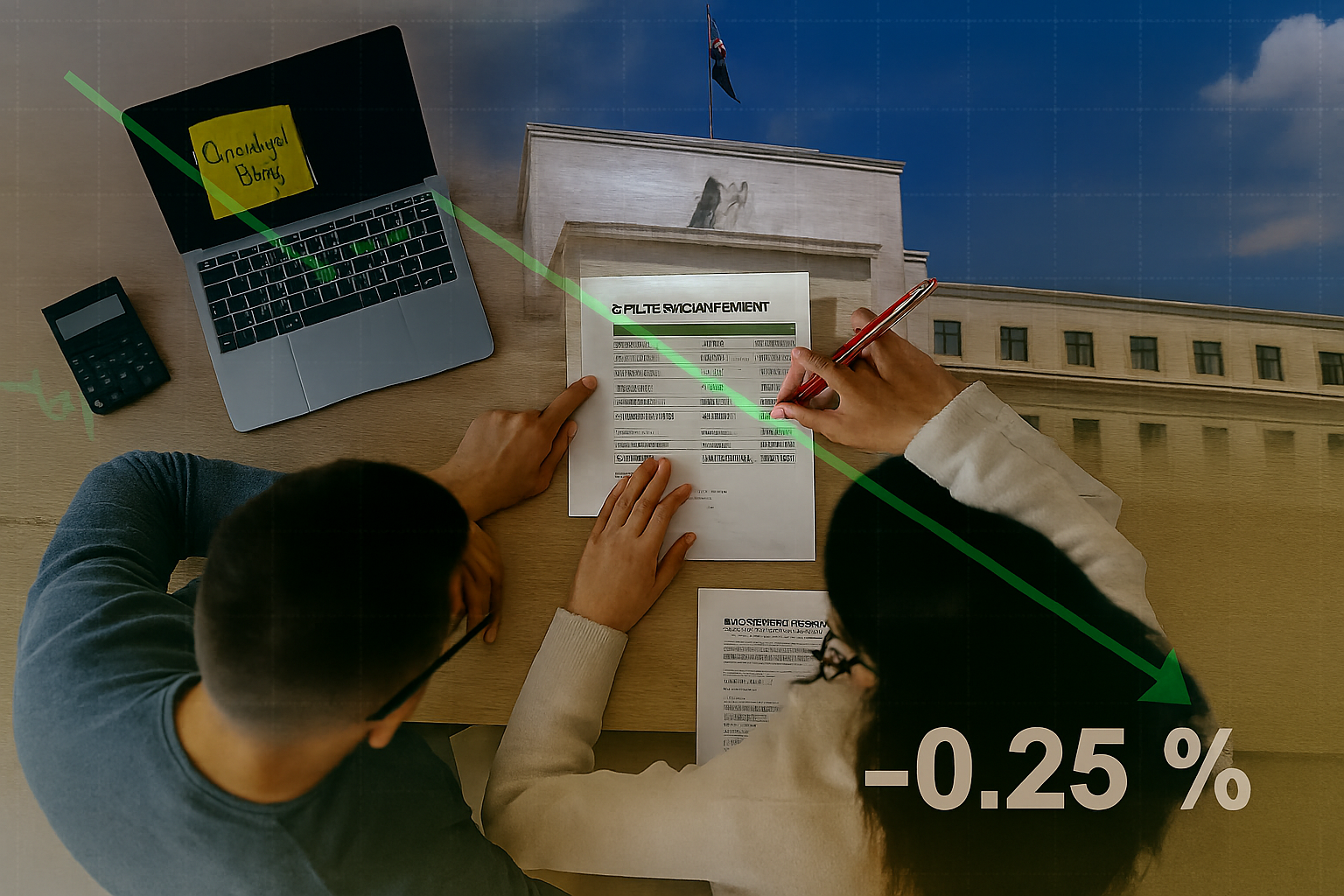 Overhead view of a couple reviewing a credit card statement at a kitchen table, with a digital overlay showing the Federal Reserve building and a downward-trending graph labeled “-0.25%,” symbolizing the Fed interest rate decision.