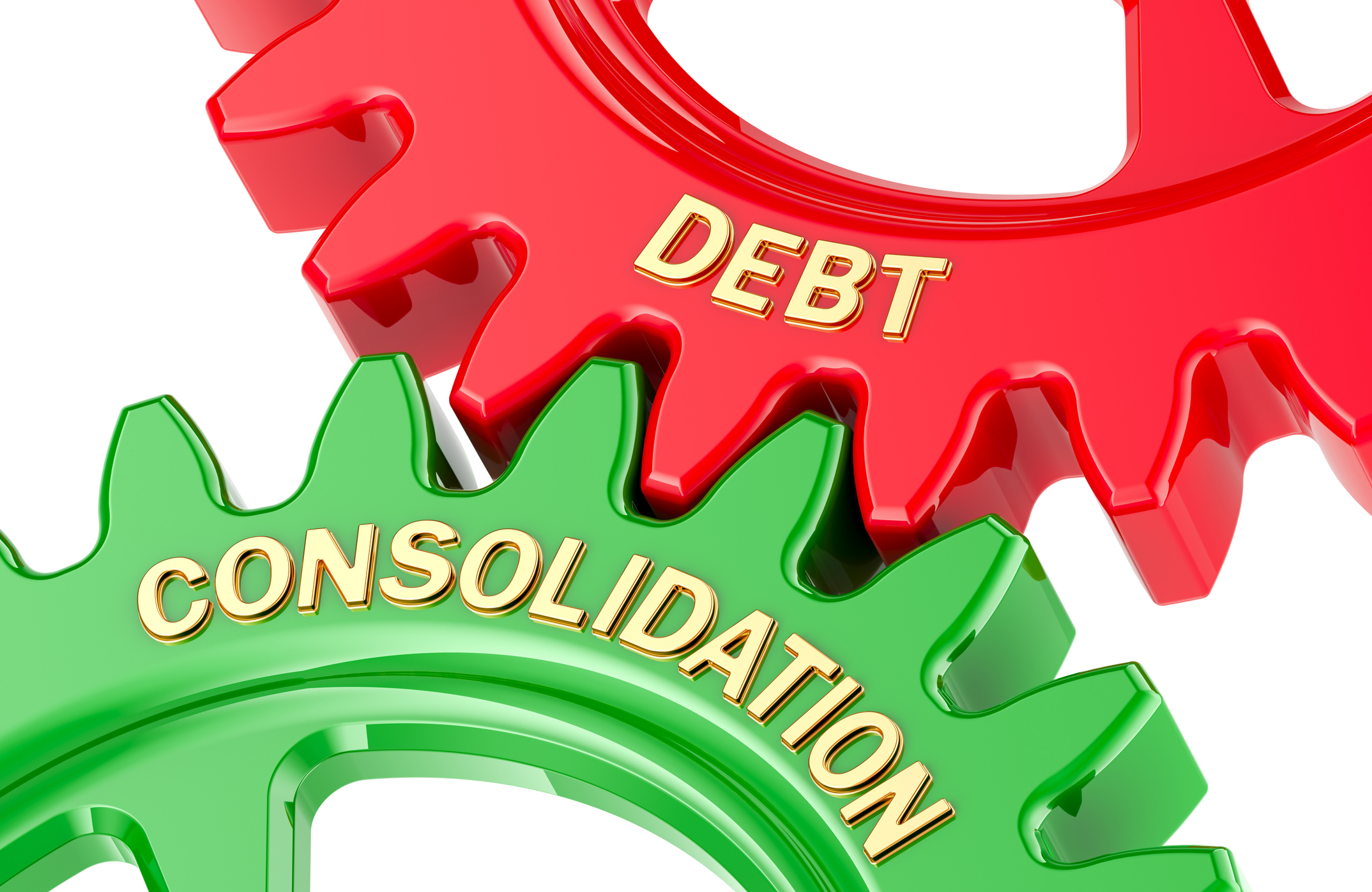 Illustration of two interlocking red and green gears labeled “Debt” (red) and “Consolidation” (green), symbolizing how debt consolidation works to simplify repayment.