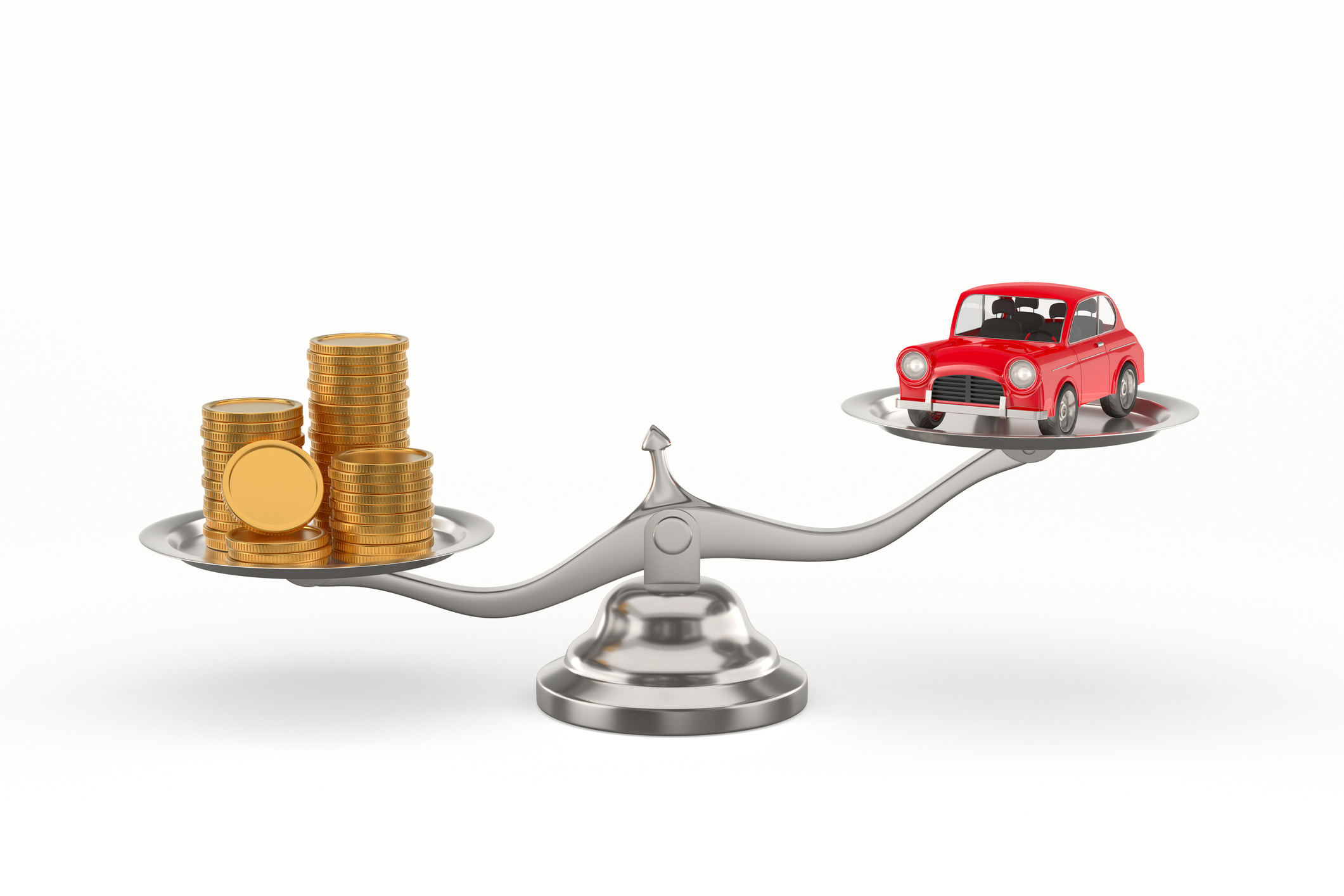 Balancing coins and a red car on scales symbolizing the choice of using a personal loan to buy a car.