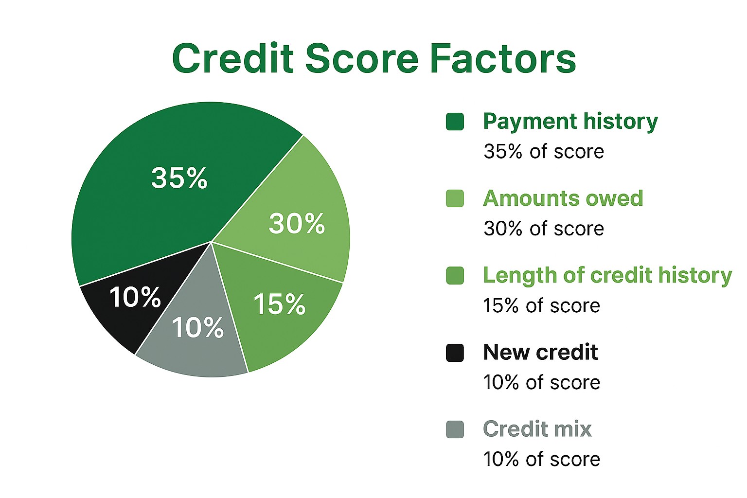 Credit score factors chart showing payment history at 35%, amounts owed at 30%, length of credit history at 15%, and new credit and credit mix each at 10%.