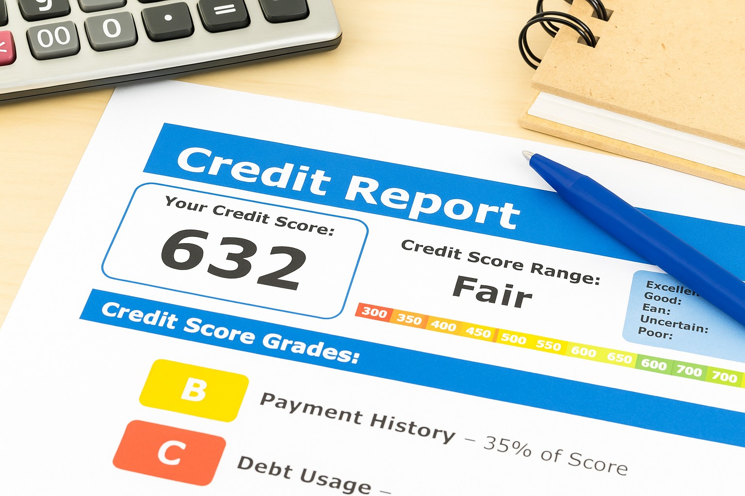 Credit report showing a fair credit score of 632, representing the credit range often eligible for balance transfer cards for fair credit.