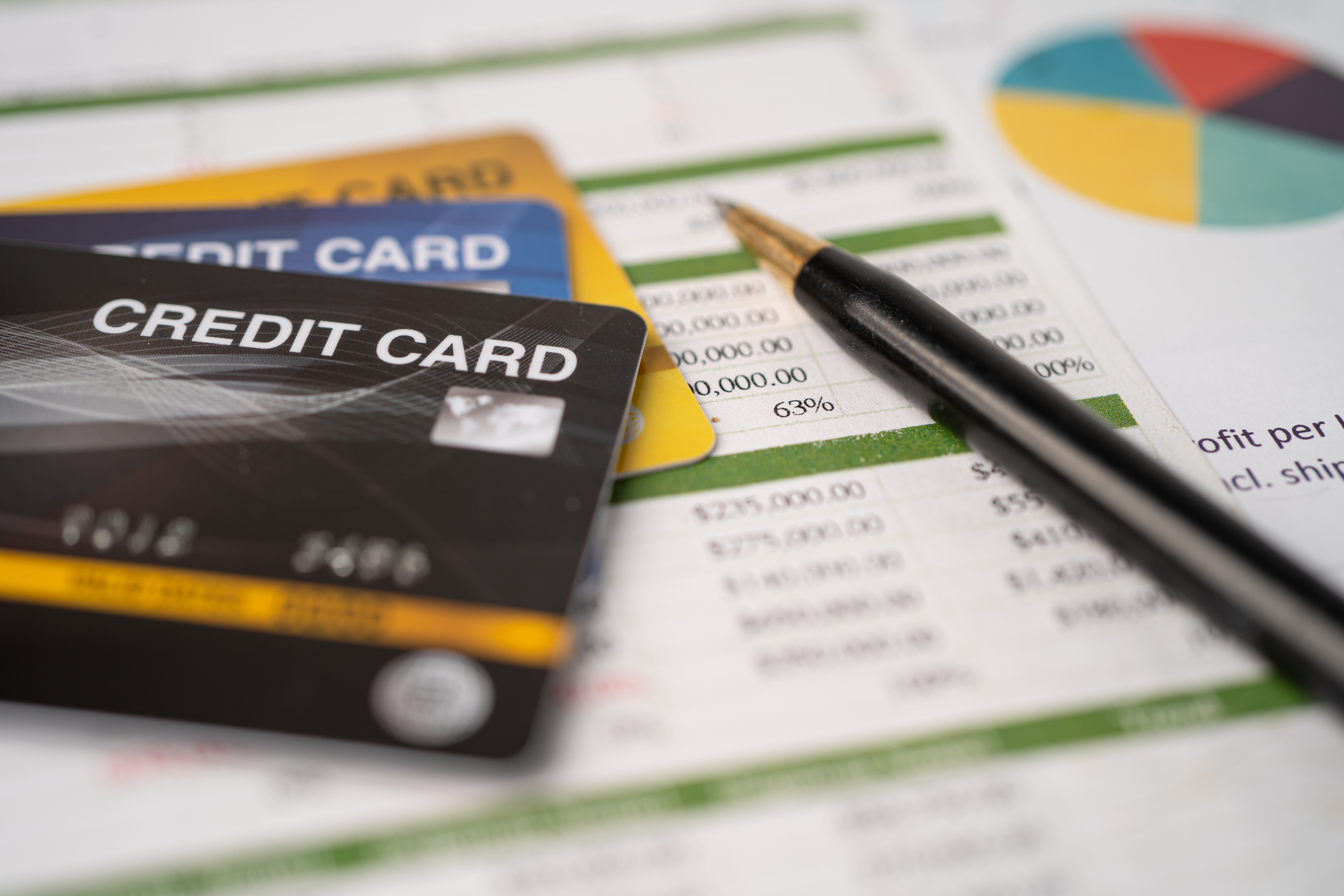 Credit cards and financial charts showing how to budget with credit cards