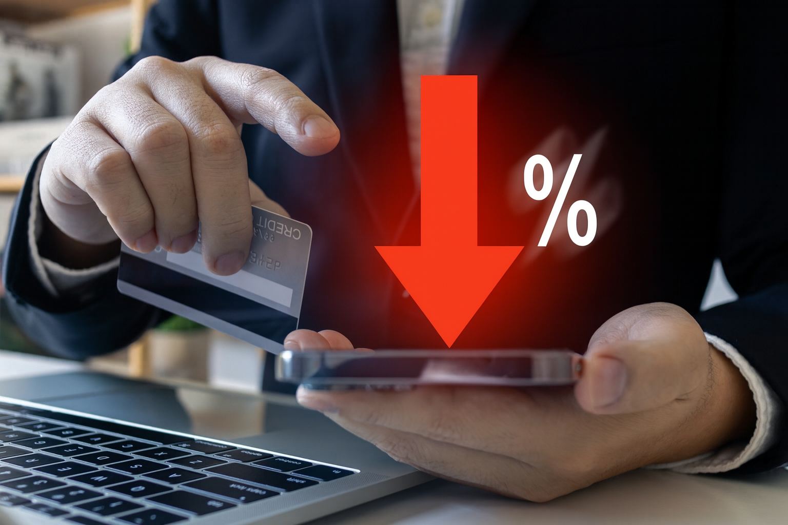 Lowering Your Credit Card Interest Rate Person lowering a credit card interest rate on a smartphone, shown by a downward arrow and percent symbol
