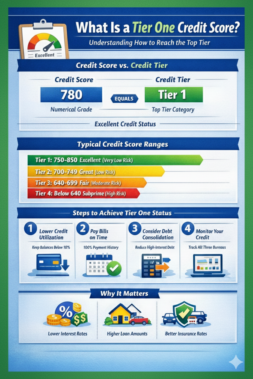 Infographic explaining what is a tier one credit score, showing credit score ranges, steps to achieve Tier One status, and key benefits like lower interest rates.