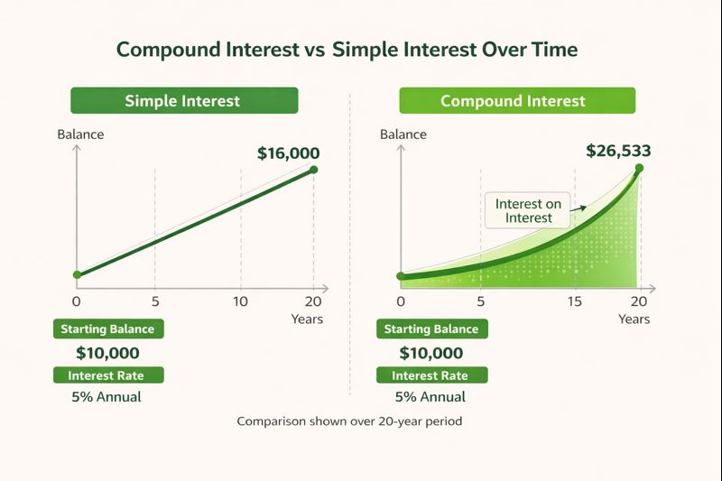 Compound interest vs simple interest growth over 20 years showing compounding accelerating faster than simple interest