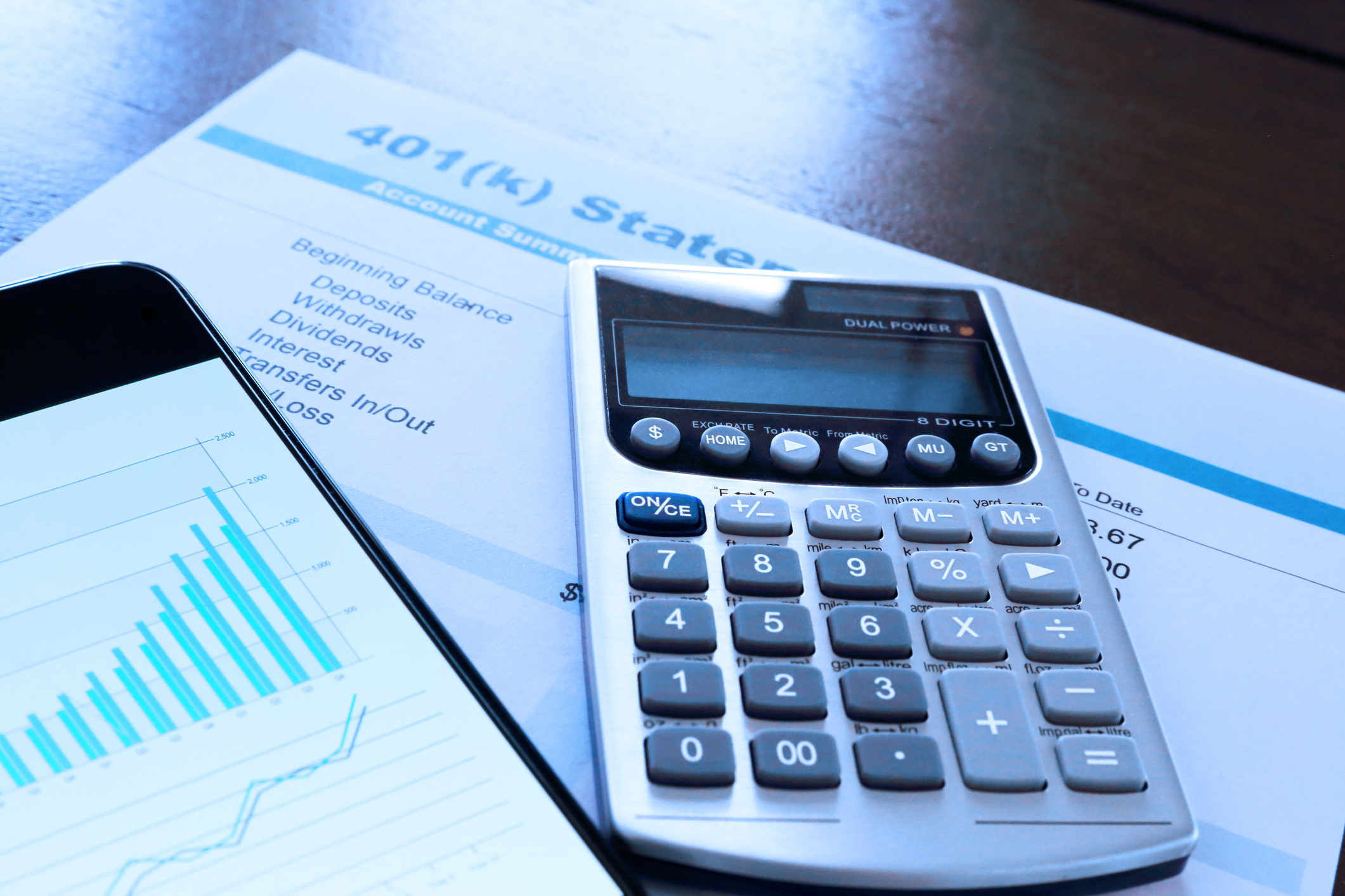 Net worth calculator concept showing a calculator, financial charts, and a retirement account statement.
