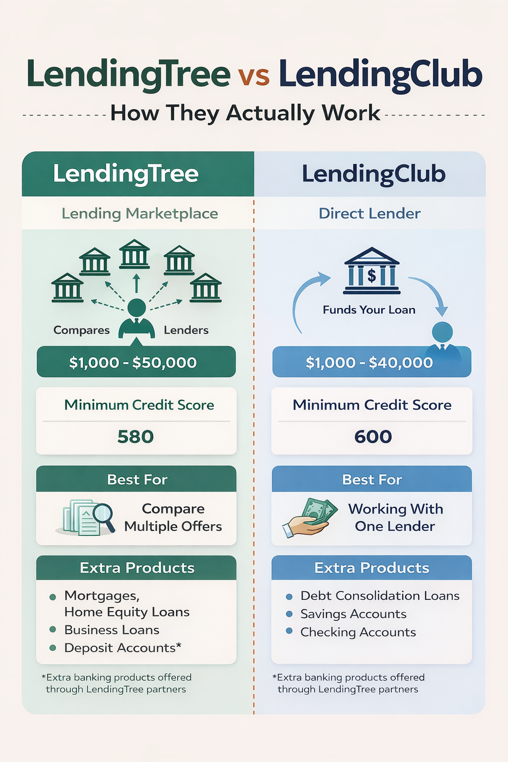LendingTree vs LendingClub infographic comparing marketplace vs direct lender for personal loans, credit score requirements, and loan amounts