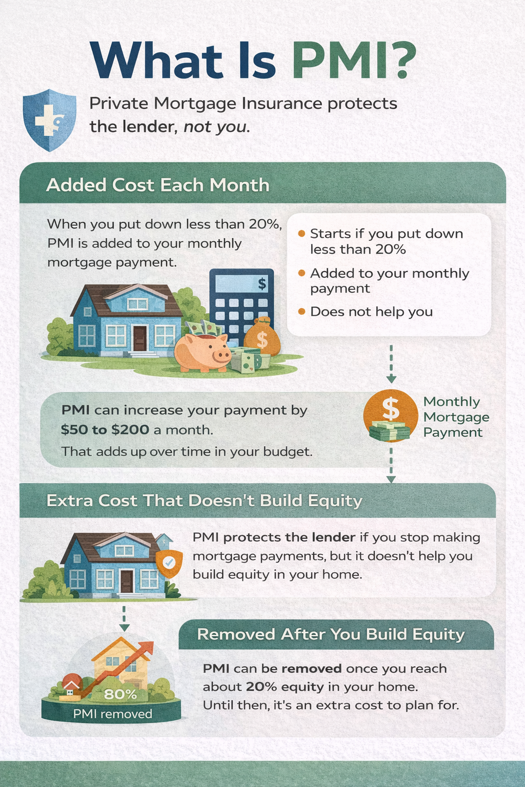 PMI infographic explaining private mortgage insurance and how it affects your budget when saving before buying a house