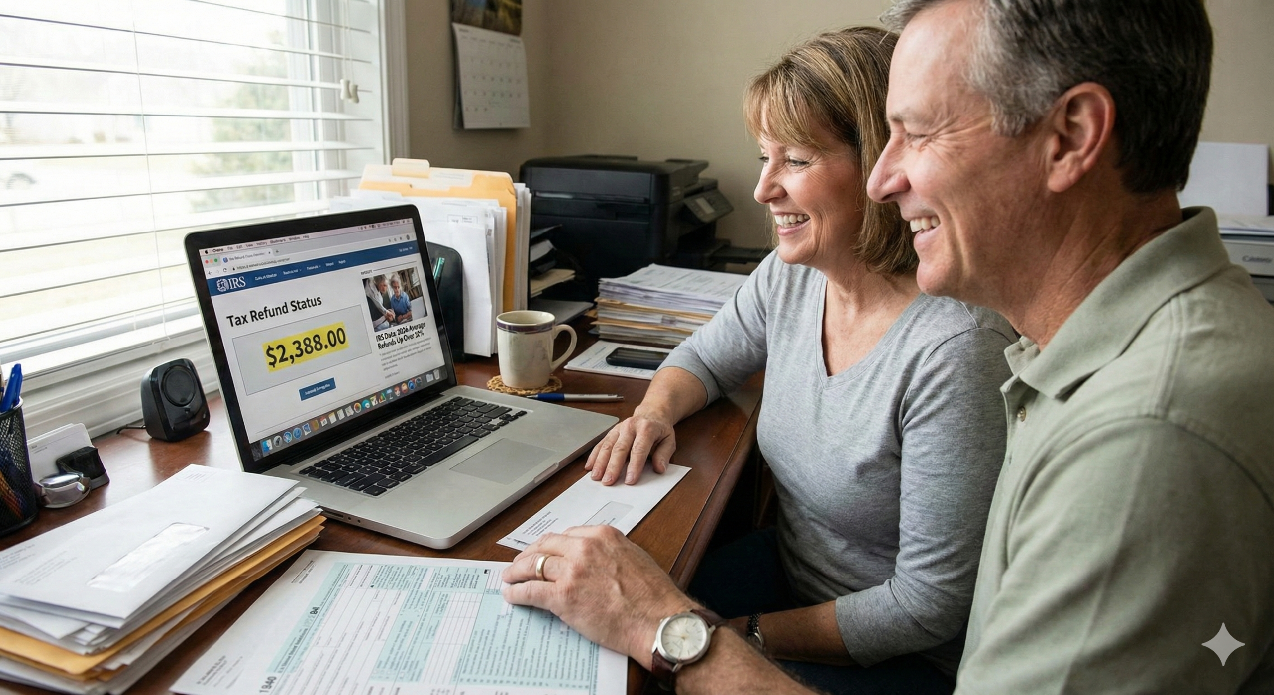 A happy middle-aged couple sitting at a desk and smiling at a laptop screen showing a 2026 tax refund increase of $2,388 on the IRS website, with tax forms and documents spread out around them.