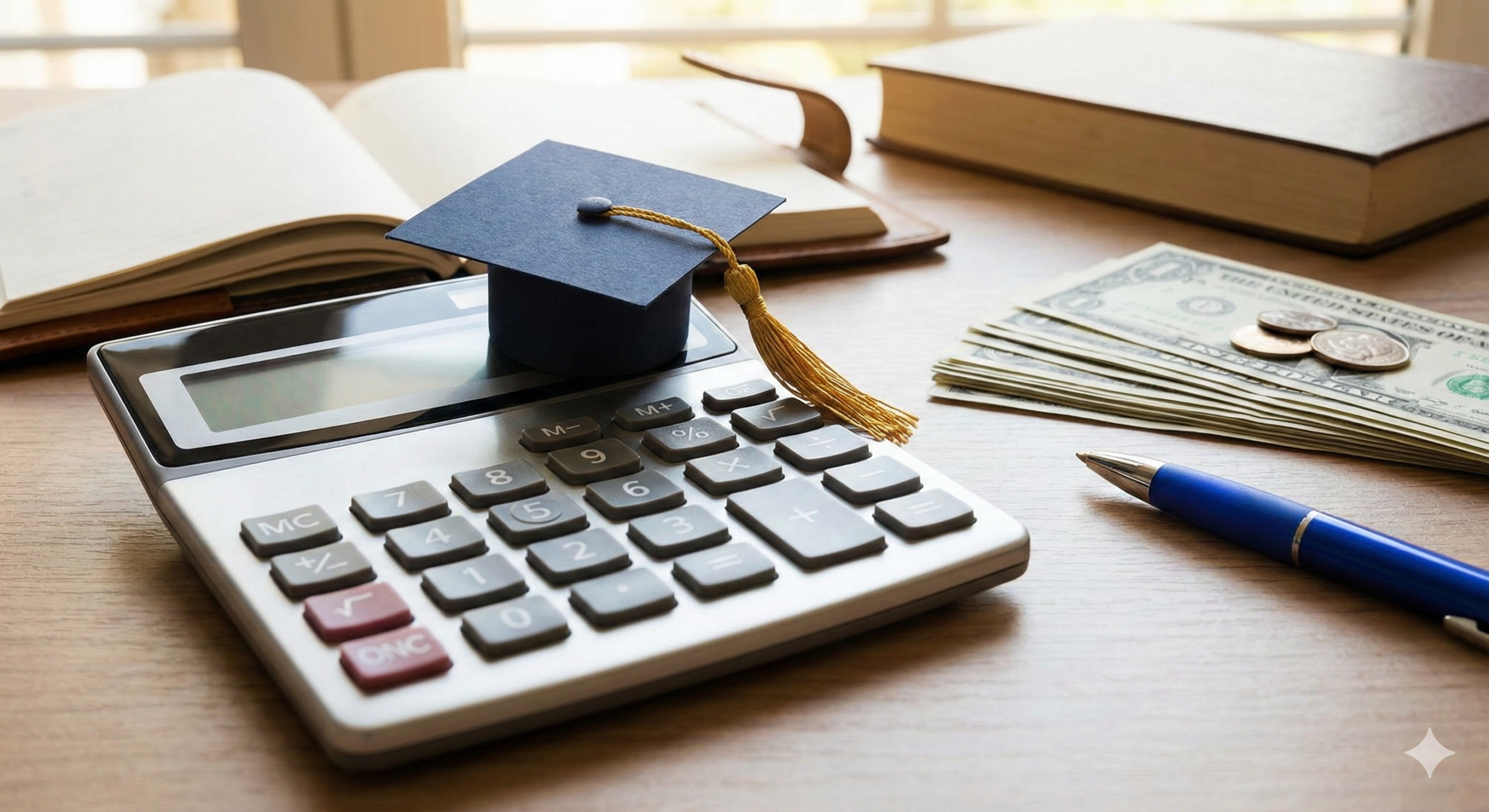 Student loan early payoff calculator concept with calculator, graduation cap, books, and cash on desk